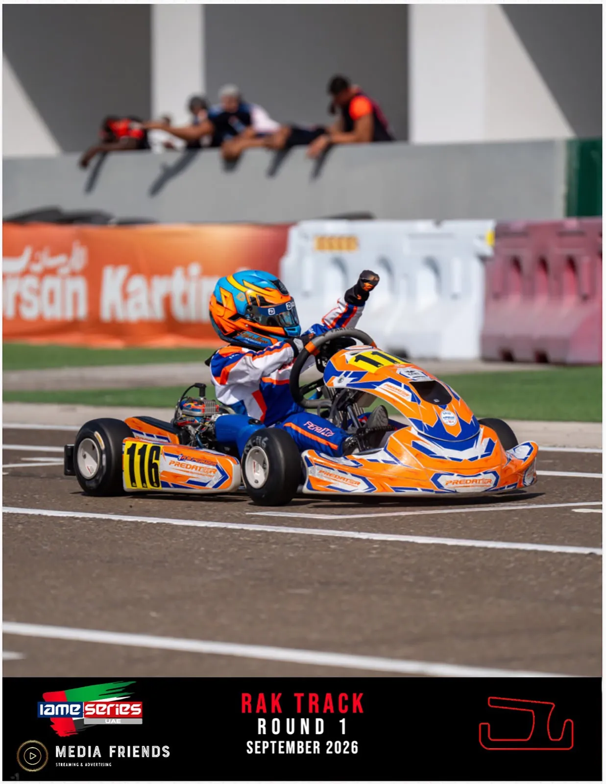 A race poster of a karting driver on track, captioned RAK Track Round 1, September 2026