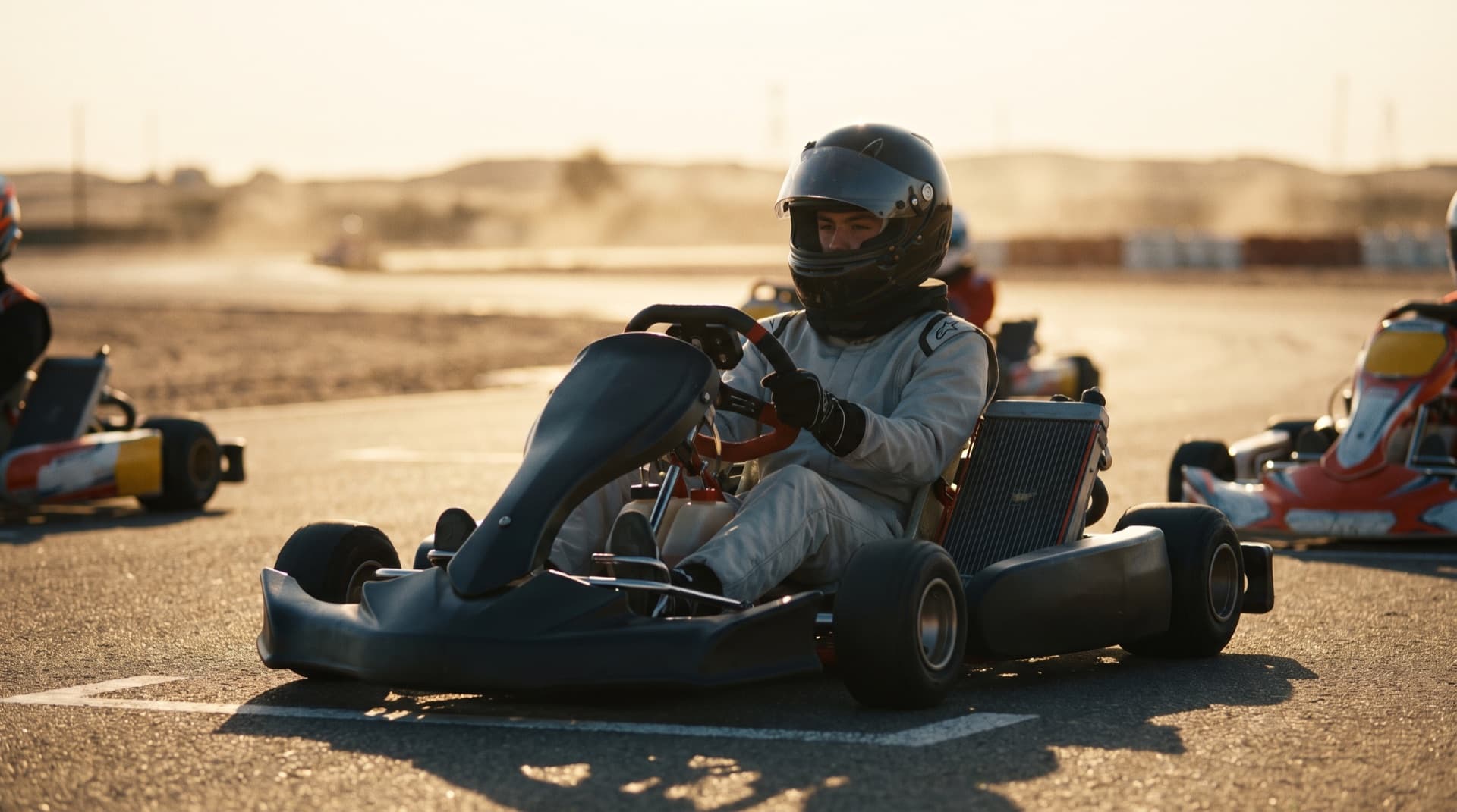 A young karting driver on the grid at golden hour