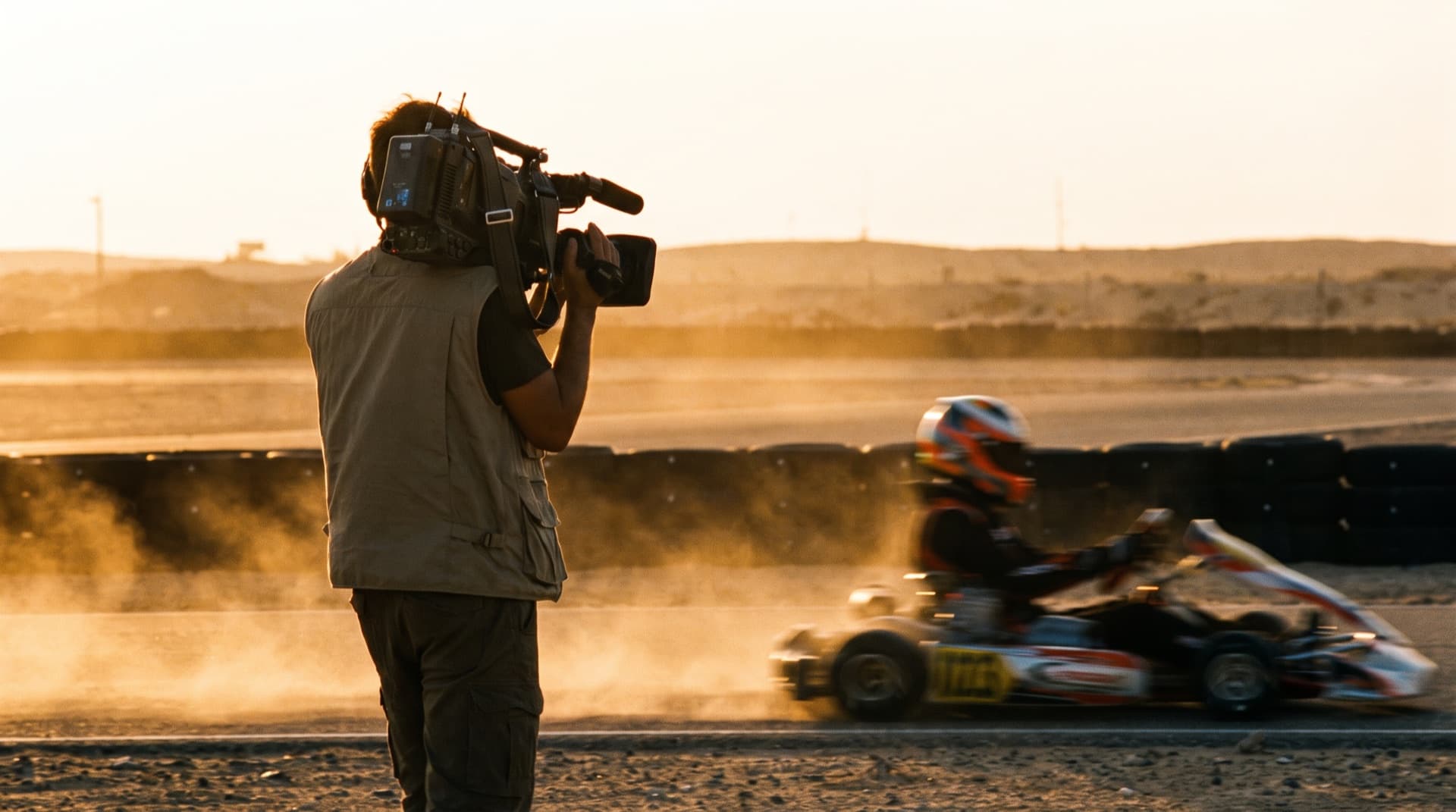 A camera operator following a kart through a corner
